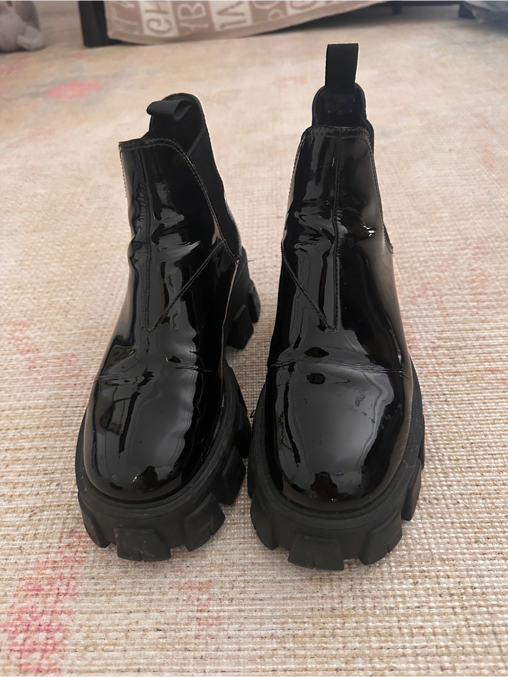 Prada Patent Lugged-Sole Chelsea Booties